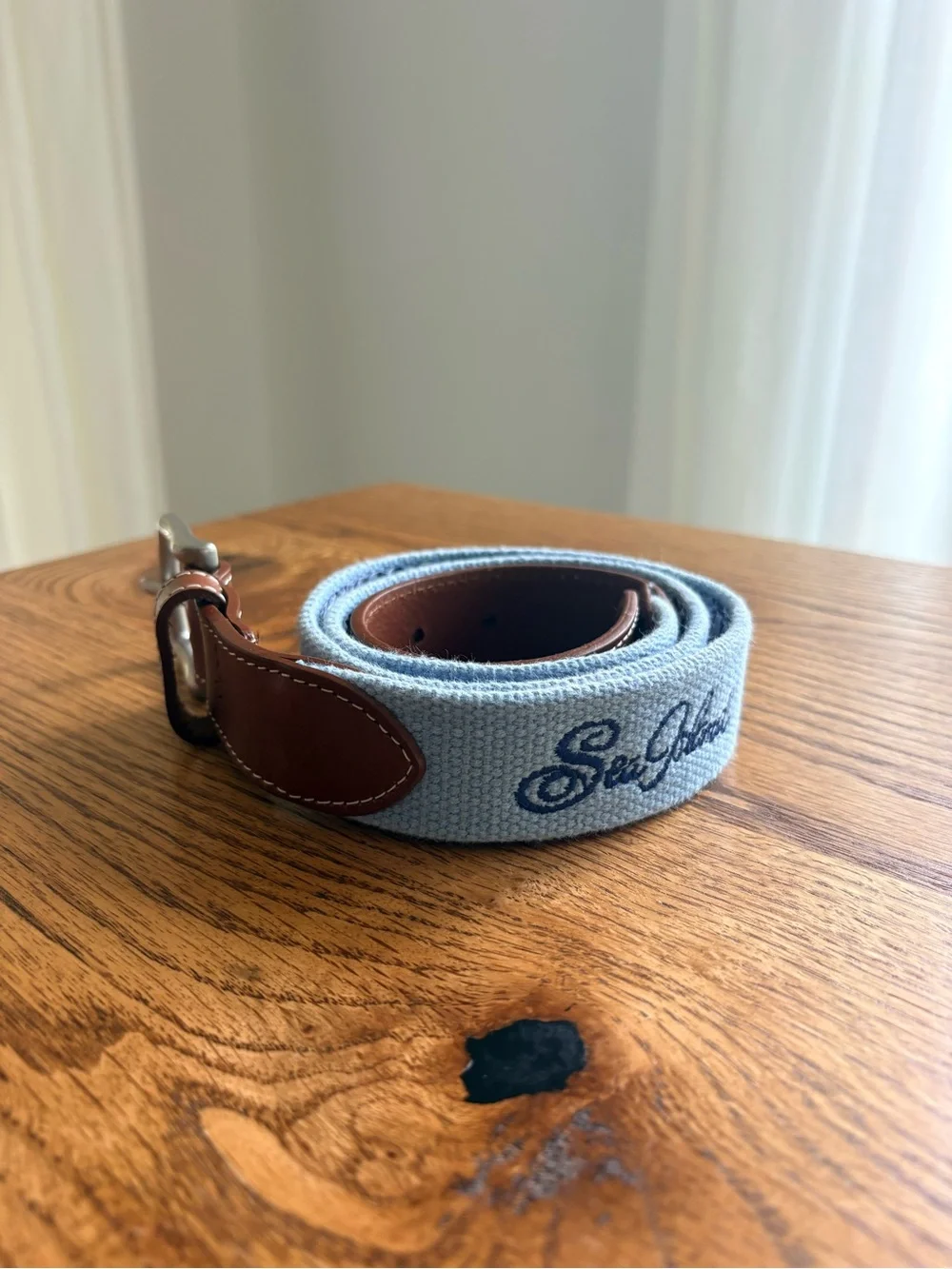 Peter Millar Light Blue Canvas Belt with “Sea Island” navy embroidery- Men’s 36